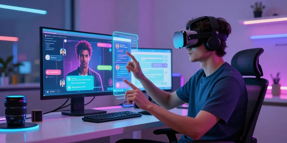 Exciting Crushon AI interaction in a vibrant tech workspace showcasing digital chat features and character profiles.