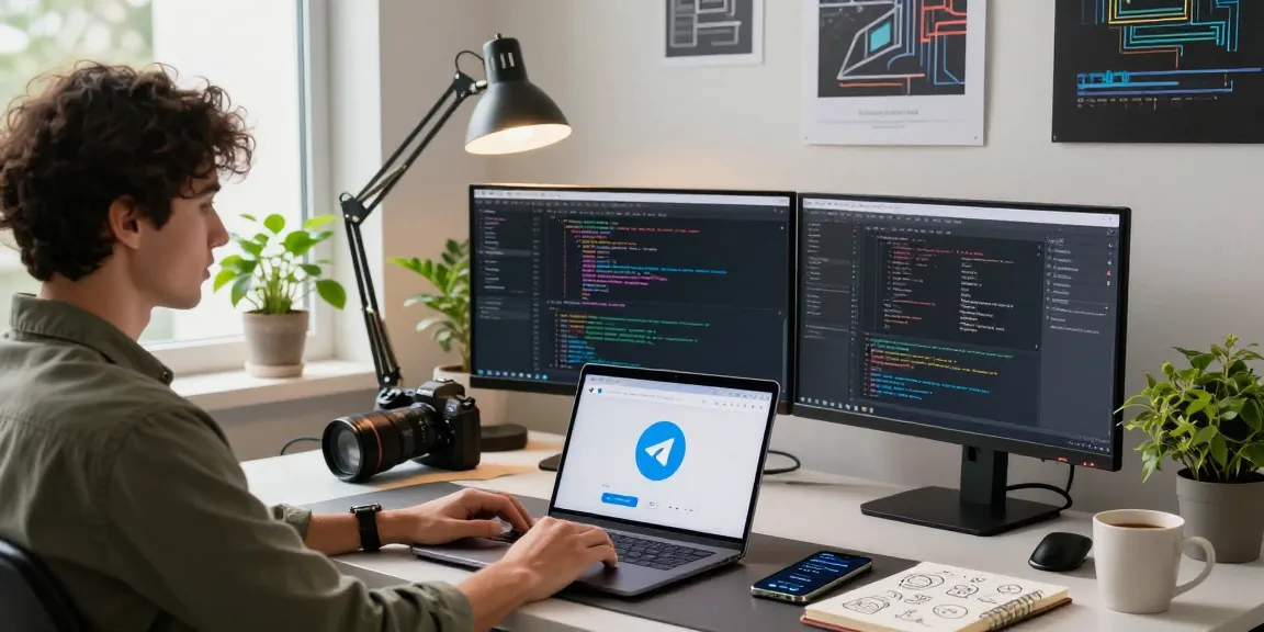 Telegram Download showcased on a modern workspace with coding screens and professional setup.