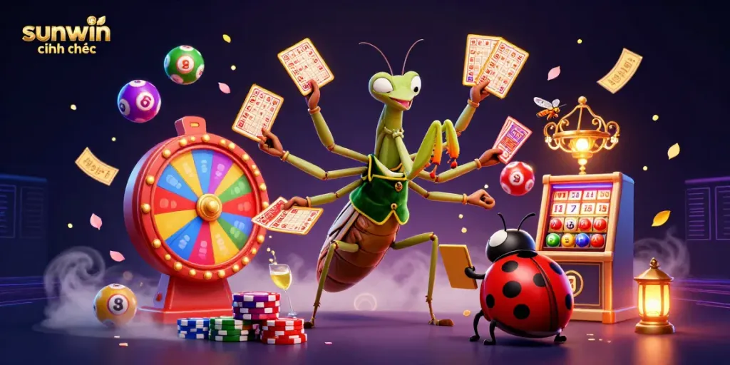 Experience thrilling gaming action at sunwin chính thức with our dynamic casino scene featuring vibrant lottery elements.