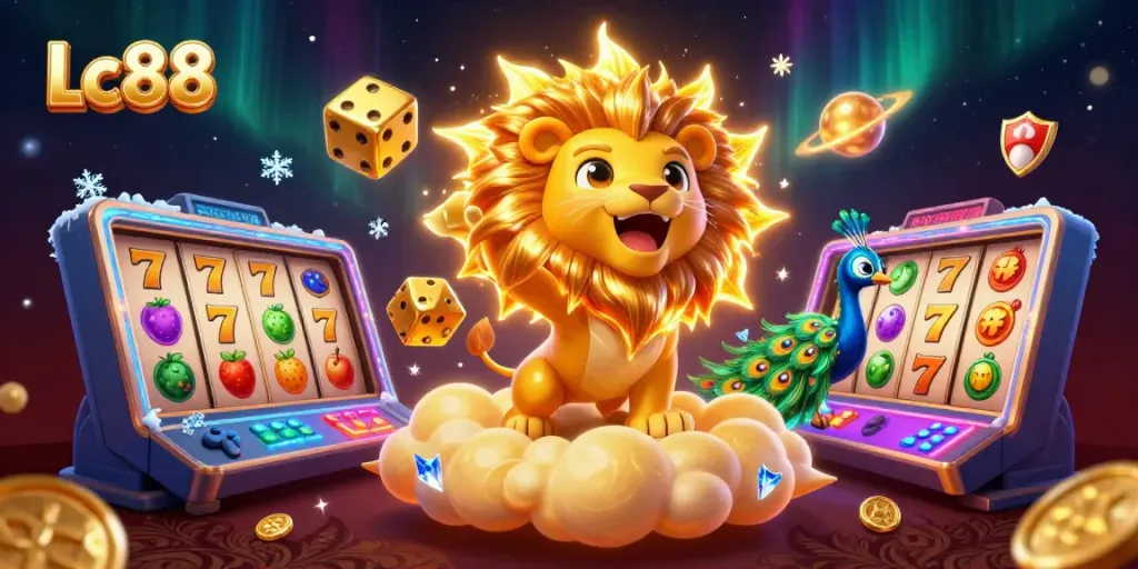 Engage with Lc88 through a vibrant casino scene featuring a roaring lion, dynamic game elements, and classic slot aesthetics.