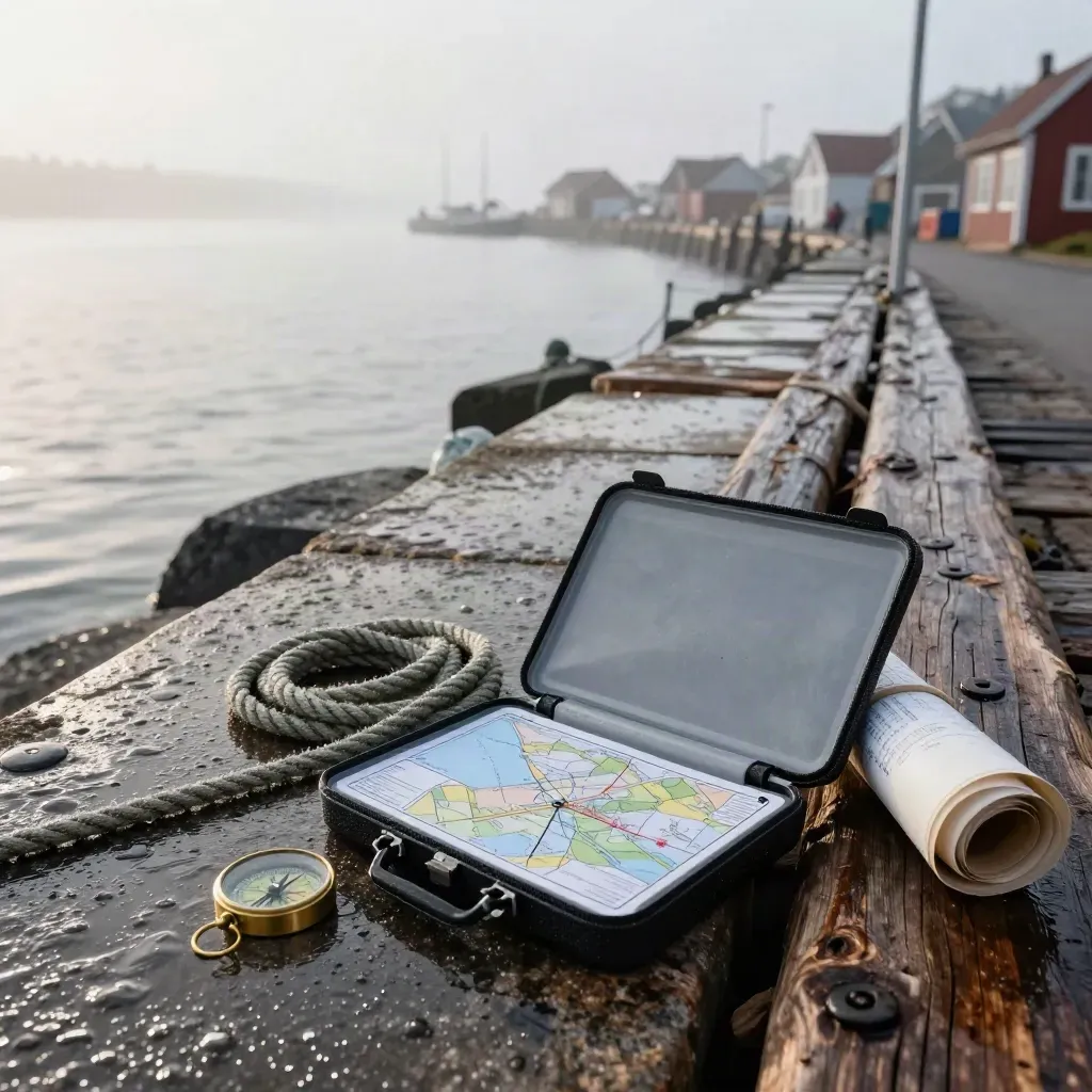 Våt kustkväll med kartfodral, kompass och rep på kalkstenskaj i morgondis.
