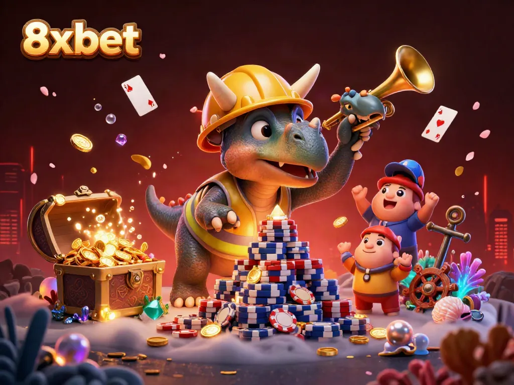 Engage in premier gaming experience with 8xbet, featuring vibrant characters and dynamic casino elements.
