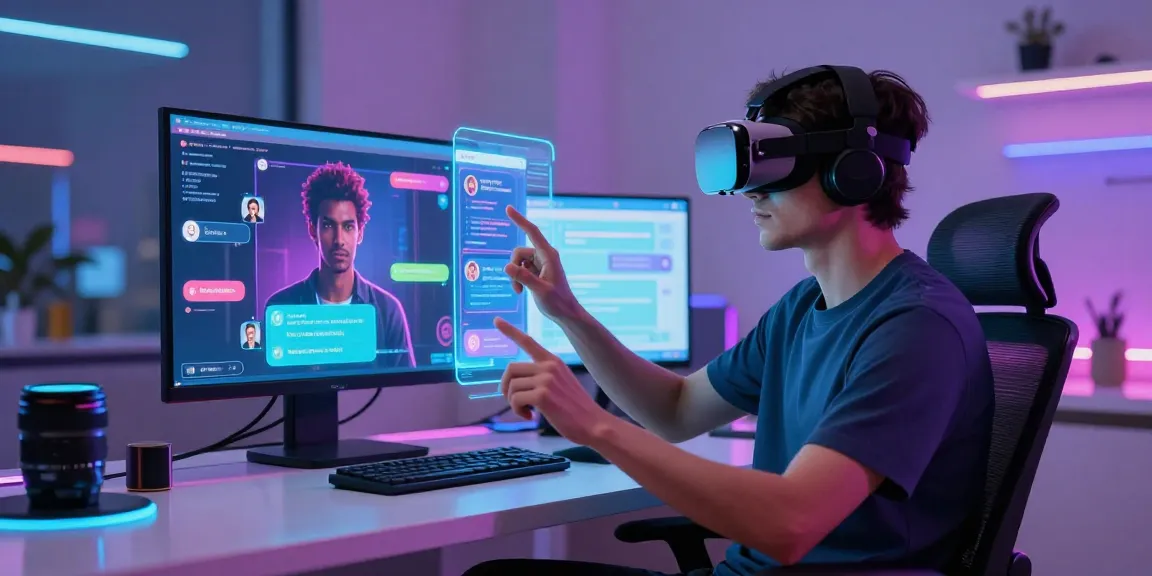Exciting Crushon AI interaction in a vibrant tech workspace showcasing digital chat features and character profiles.