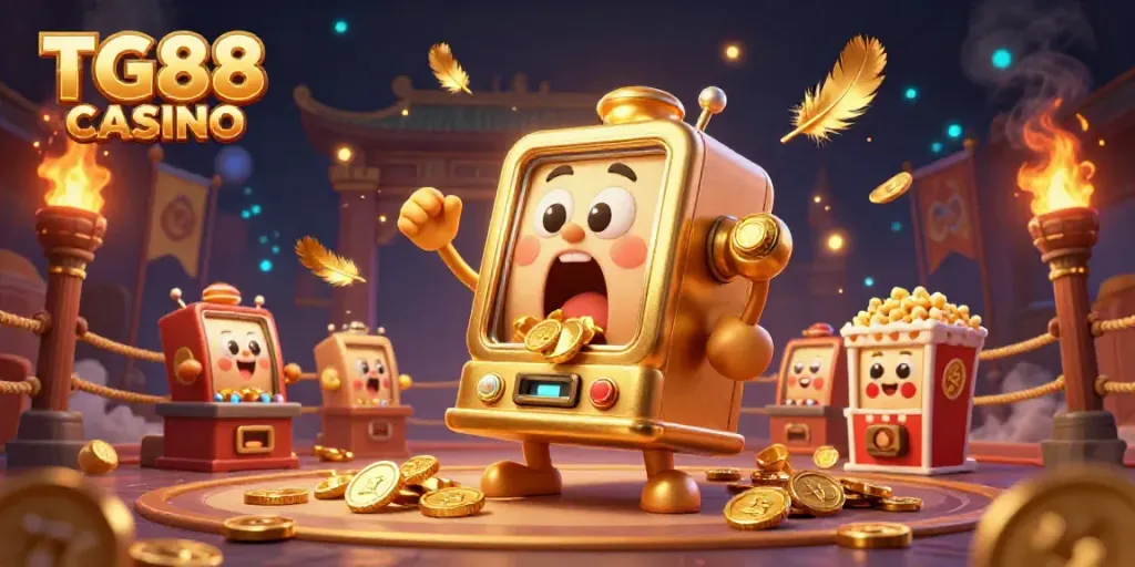 Experience excitement at TG88 CASINO with a golden slot machine jackpot celebration scene.