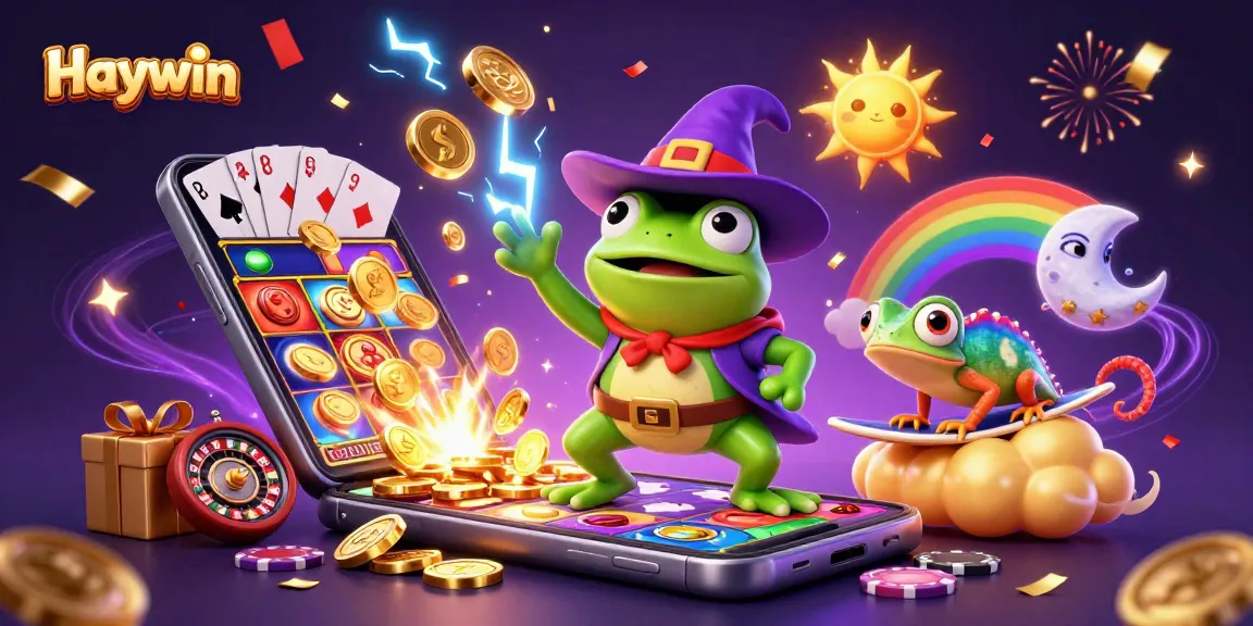 Experience the thrill of Haywin with the wizard frog and chameleon celebrating in this vibrant casino world.