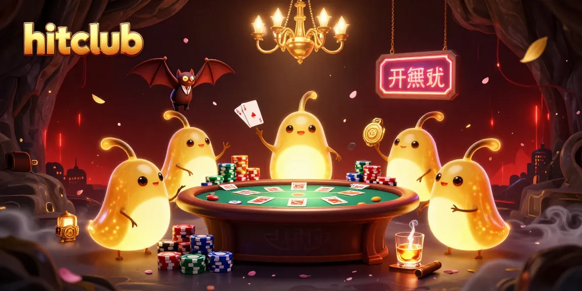 hitclub illuminates a vibrant cave casino with glowing characters and poker elements.
