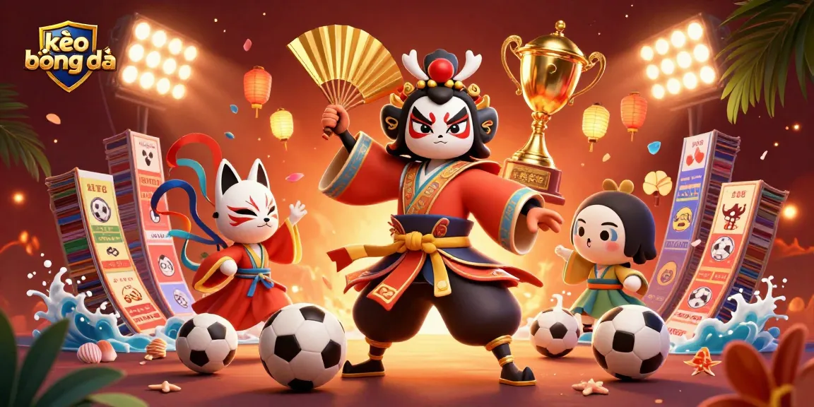 Engaging scene of kèo bóng đá with a kabuki warrior and kitsune mask in a vibrant sports betting setup.